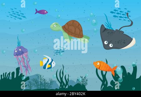 stingray Tier Marine im Meer, mit niedlichen Unterwasserwesen, Lebensraum marine Stock Vektor