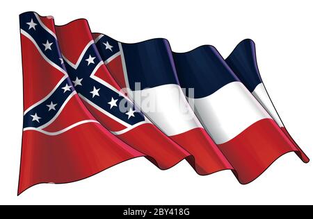 Vektorgrafik einer wehenden Flagge des Staates Mississippi. Alle Elemente übersichtlich auf klar definierten Ebenen und Gruppen. Stock Vektor
