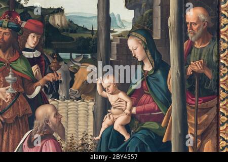 Die Anbetung der Könige ist eine Tempera auf Holz (241 x 180 cm), von Pietro Perugino, um 1470-1476 in der Nationalgalerie Umbriens in Perugia aufbewahrt Stockfoto
