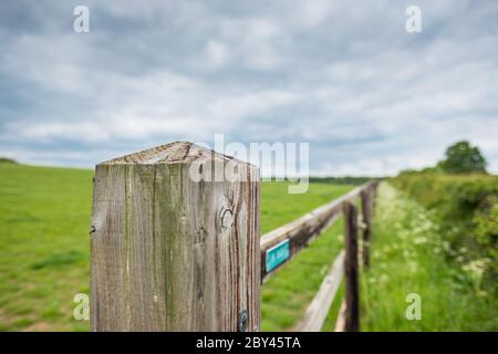 Detailansicht eines Bauernhofpfosten, gesehen am Eingang zu einem großen grasbewachsenen Paddock. Stockfoto