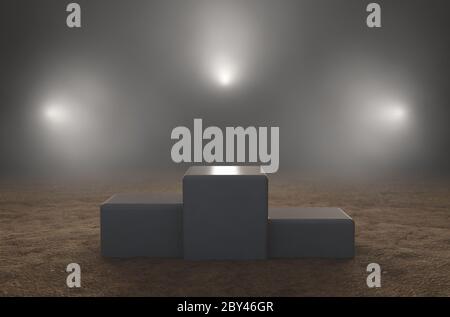Ein leeres klassisches Siegerpodest auf Sand, das von dramatischen Scheinwerfern auf einem dunklen stimmungsvollen Hintergrund hinterleuchtet wird - 3D-Rendering Stockfoto