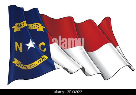 Vektorgrafik einer winkenden Flagge des Staates North Carolina. Alle Elemente übersichtlich auf klar definierten Ebenen und Gruppen. Stock Vektor