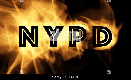NYPD Polizei Text mit brennenden Flammen-Effekt vor schwarzem Hintergrund Stockfoto