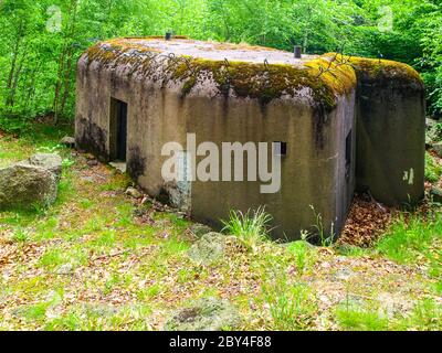 Kleiner Betonmilitärbunker im Wald des tschechischen Grenzgebietes versteckt. Festung des Zweiten Weltkriegs, Tschechische Republik Stockfoto