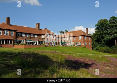 Blick über Heather auf dem 1st Hole of Blue Course zum Clubhouse, dem Berkshire Golf Club, Ascot, Berkshire, England Stockfoto