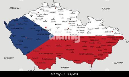 Tschechische Republik sehr detaillierte politische Karte mit Nationalflagge isoliert auf weißem Hintergrund. Stock Vektor