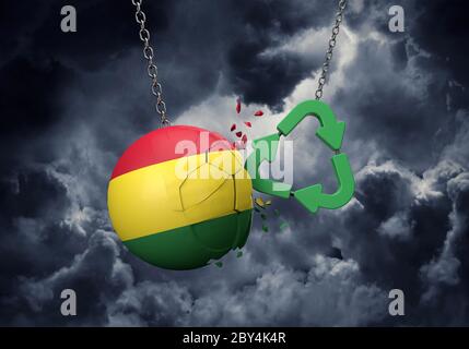 Green Recycling Symbol Absturz in eine Bolivien Flagge Ball. 3D-Rendering Stockfoto