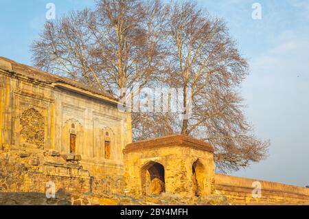 Ein altes Fort in Srinagar Stadt mit einem Ahornbaum im Hintergrund. Stockfoto