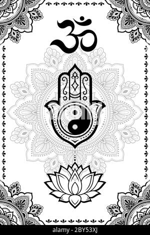 Set von östlichen ethnischen religiösen Symbolen. Mandala, Hamsa, OM Mantra, Yin Yang, Lotusblume. Dekorative Muster für Henna, Mehndi, Tattoos, Raumdekor Stock Vektor