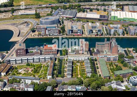 Innenhafen Duisburg, mit Restaurants und Museum Küppersmühle, 22.07.2019, Luftbild, Deutschland, Nordrhein-Westfalen, Ruhrgebiet, Duisburg Stockfoto