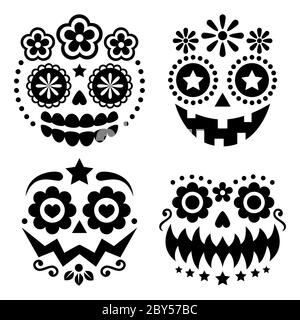 Halloween und Dia de los Muertos Schädel und Kürbis Gesichter Vektor-Design - mexikanische Zucker Totenkopf Stil Dekoration Stock Vektor