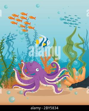 octopus mit Fischen Meerestiere im Meer, Meereswelt Bewohner, niedliche Unterwasserwesen, Lebensraum Meereskonzept Stock Vektor