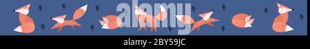 Lange Web-Banner mit lustigen Cartoon Füchse. Titelbild für soziale Medien. Abbildung flacher Vektorgrafiken. Stock Vektor