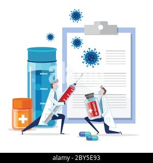 Arzt hält eine Spritze mit Viruskur und einen Impfstoff von Covid - 19 während der Pandemie Zeit, und ein Arzt Bericht auf der Rückseite. Stoppen Sie Coronavirus mit Covi Stock Vektor