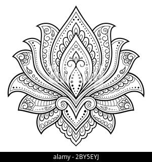 Lotus mehndi Blumenmuster für Henna Zeichnung und Tattoo. Dekoration im orientalischen, indischen Stil. Kritzelverzierung. Kontur Hand zeichnen Vektor-Illustration Stock Vektor
