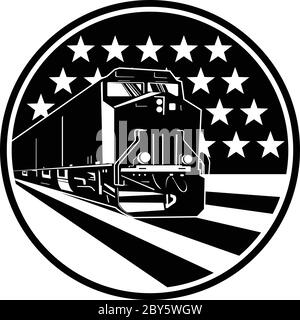Abbildung eines amerikanischen Diesellokomotivs von vorne gesehen Set im Kreis mit USA-Sternen und Streifen-Flagge im Hintergrund in retr Stock Vektor