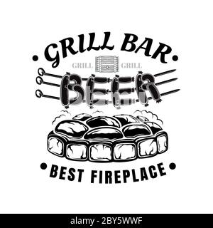 Label für Grill Bar, Grill oder öffentliches Haus. Wortbier von Würstchen auf Spieß auf Holzkohle gegrillt aufgereiht Stock Vektor
