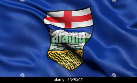 Flagge von Alberta winkt im Wind. 3D-Darstellung. Stockfoto