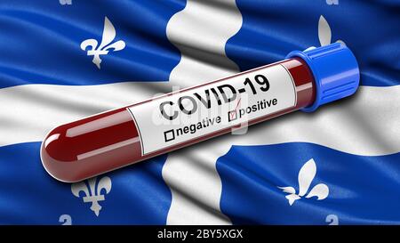 Flagge von Quebec winkend im Wind mit einem positiven Covid-19 Blutprobe Rohr. Stockfoto