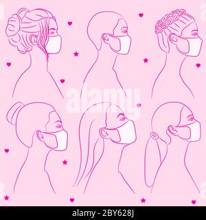 Gesichter von verschiedenen Frauen tragen Gesichtsmasken zum Schutz gegen Coronavirus Pandemie vor rosa Hintergrund Stockfoto