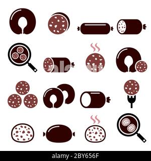 Schwarze Puddingwurst, Haggis, weiße Puddinglebensmittel-Symbole in Farbe gesetzt Stock Vektor