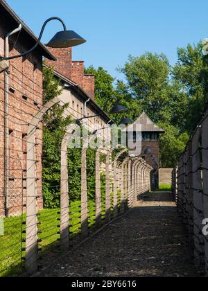 Barb Drahtzaun mit Wachlampen und Turm im Konzentrationslager Auschwitz oder Oswiecim, Polen Stockfoto