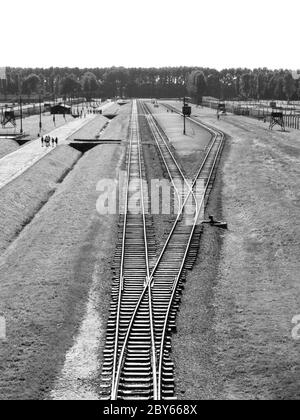 Blick auf den Bahnsteig im KZ Auschwitz - Birkenau oder Oswiecim - Brzezinka, vom Torturm, Polen. Schwarzweiß-Bild. Stockfoto
