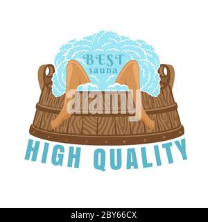 Label für Sauna, Banya oder Badehaus. Zwei Beine in der Holzwanne mit Dampf. Abbildung des Farbvektors. Stock Vektor