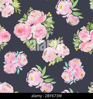 Nahtloses Muster aus rosa Aquarellpeonies und handgezeichneten Rosen. Unvorsichtige magentafarbene Blüten. Hintergrund für Karten, Stoff, Design. Dunkler Hintergrund Stockfoto