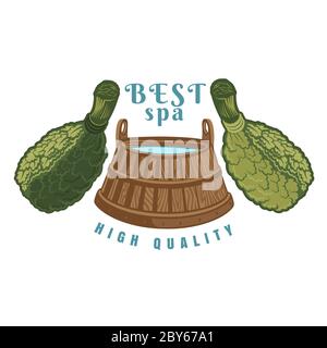 Label für Sauna, Banya oder Badehaus. Holzwanne zwischen Eichenbestangen. Abbildung des Farbvektors. Stock Vektor