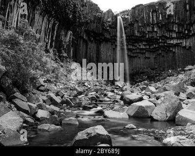 Svartifoss Wasserfall mit Basaltsäulen im Skaftafell Nationalpark, Island, Schwarz-Weiß-Bild Stockfoto