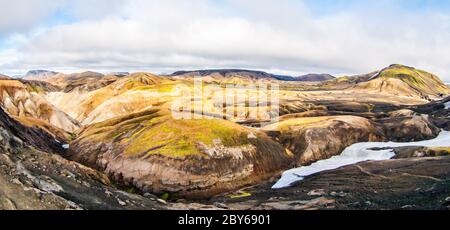 Landschaft bei Landmannalaugar in Rhyolith-Bergen des Fjallabak Nature Reserve, aka Rainbow Mountains, Island. Panoramablick Stockfoto
