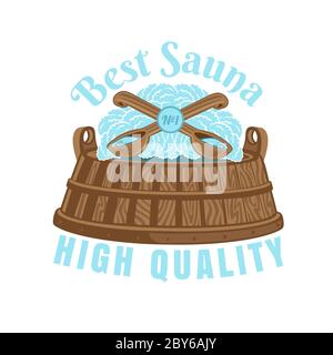 Label für Sauna, Banya oder Badehaus. Holzwanne mit zwei gekreuzten Schöpfkellen oben. Abbildung des Farbvektors Stock Vektor
