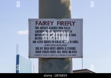 Griffith Australien 3. Dezember 2019 : Fairey Firefly Flugzeugschild in Griffith, NSW, Australien Stockfoto