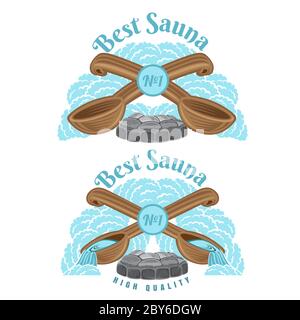 Zwei Etiketten für Sauna oder Badehaus. Zwei gekreuzte Holzkelle für Sauna mit Kamin und Dampf herum. Abbildung des Farbvektors Stock Vektor