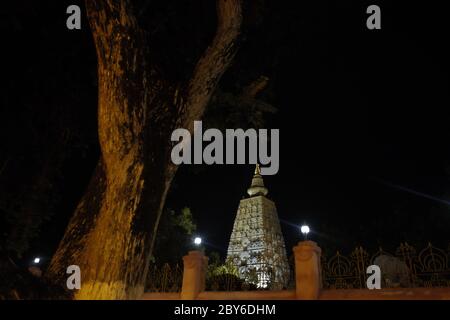 Ein abendlicher Blick auf den Mahabodhi Mahavihara-Komplex in Bodh Gaya, Bihar, Indien. Stockfoto