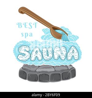 Geeignet für Sauna, Banya oder Badehaus. Holzkelle für Sauna Wasser auf heiße Steine und Wortsauna gießen. Abbildung des Farbvektors Stock Vektor