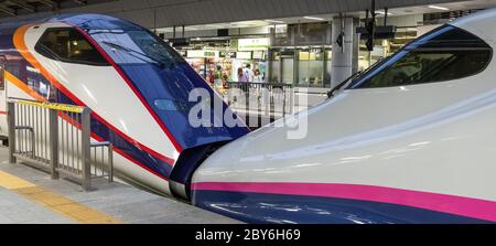 Hochgeschwindigkeitszug shinkansen am Bahnhof Tokio. Stockfoto