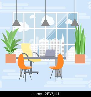 Chef-Büro-Interieur in flachem Design, Blick aus dem Fenster auf meg Stock Vektor