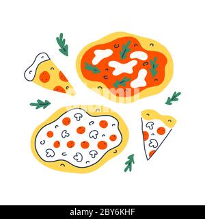 Pizza-Sammlung, verschiedene Pizzascheiben, Pepperoni und margherita, Fast-Food-Illustration für Pizzeria Lieferservice, isoliert Vektor von Hand gezeichnet Stock Vektor