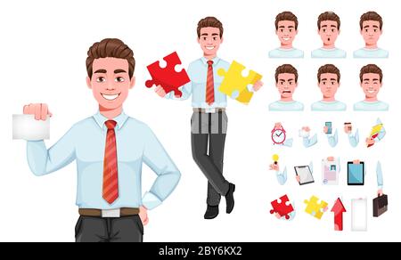 Erfolgreicher Geschäftsmann, Packung von Körperteilen, Emotionen und Dinge. Schöner Geschäftsmann in Business-Kleidung. Fröhliche Cartoon-Charakter. Vektor illustrer Stock Vektor