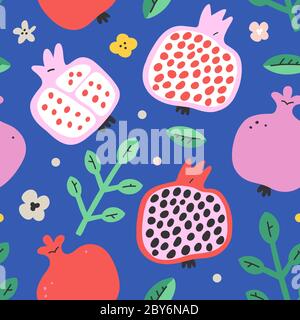 Granatapfel Frucht nahtlose Muster, Hälften mit Blättern und Samen, handgezeichnete Doodle Art, Vektor-Illustration, Ornament Hintergrund für den Sommer Stock Vektor