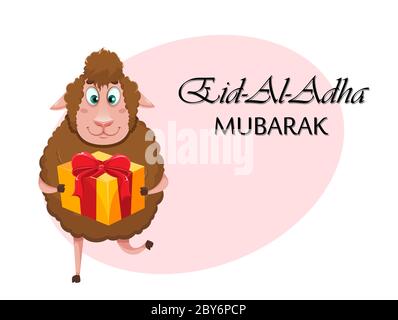 Eid al-Adha Mubarak Grußkarte. Traditioneller muslimischer Feiertag. Kurban Bayrami. Lustige Cartoon Charakter Schaf halten Geschenkbox. Vektorgrafik Stock Vektor