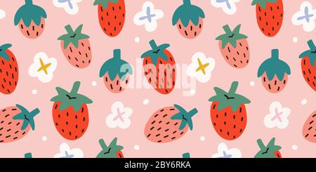 Erdbeeren Muster, bunte nahtlose Vektor-Muster mit niedlichen handgezeichneten Sommerbeeren, saisonalen Dessert, rosa und rote Früchte, gut als Stoff-Print Stock Vektor