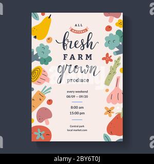Farmers Market Lettering Poster, Kalligraphie Plakat für landwirtschaftliche Messe mit Illustrationen von Obst und Gemüse, Vektor-Layout, Pastellfarbe Stock Vektor