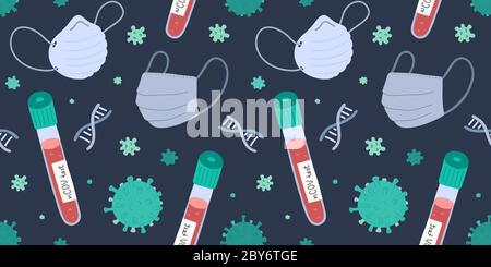 Coronavirus Muster mit Blutprobe und schützende medizinische Masken, nahtlose Vektor Hintergrund, medizinische Untersuchung Stock Vektor