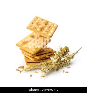 Stapel von köstlichen Kleie Cracker schweben auf weißem Hintergrund. Bran Cracker, Roggenspikelets und Körner isoliert auf weißem Hintergrund. Stockfoto