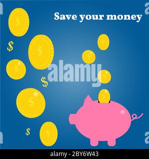 Schweinebank und Goldmünzen. Geld sparen Stock Vektor