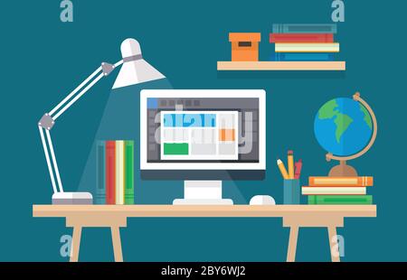 Lernen und Bildung, Konzeptdarstellung mit Schreibtisch mit Büchern, Computer. Online-Lernen, Abschluss, zurück in die Schule, Schule, Universität. Vektor Stock Vektor