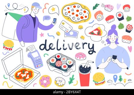 Food Delivery Collection, Service für die Lieferung von Essen zum Mitnehmen, Frau Bestellung über App, isolierte Vektor-Illustrationen von Pizza, Sushi-Rollen und Stock Vektor